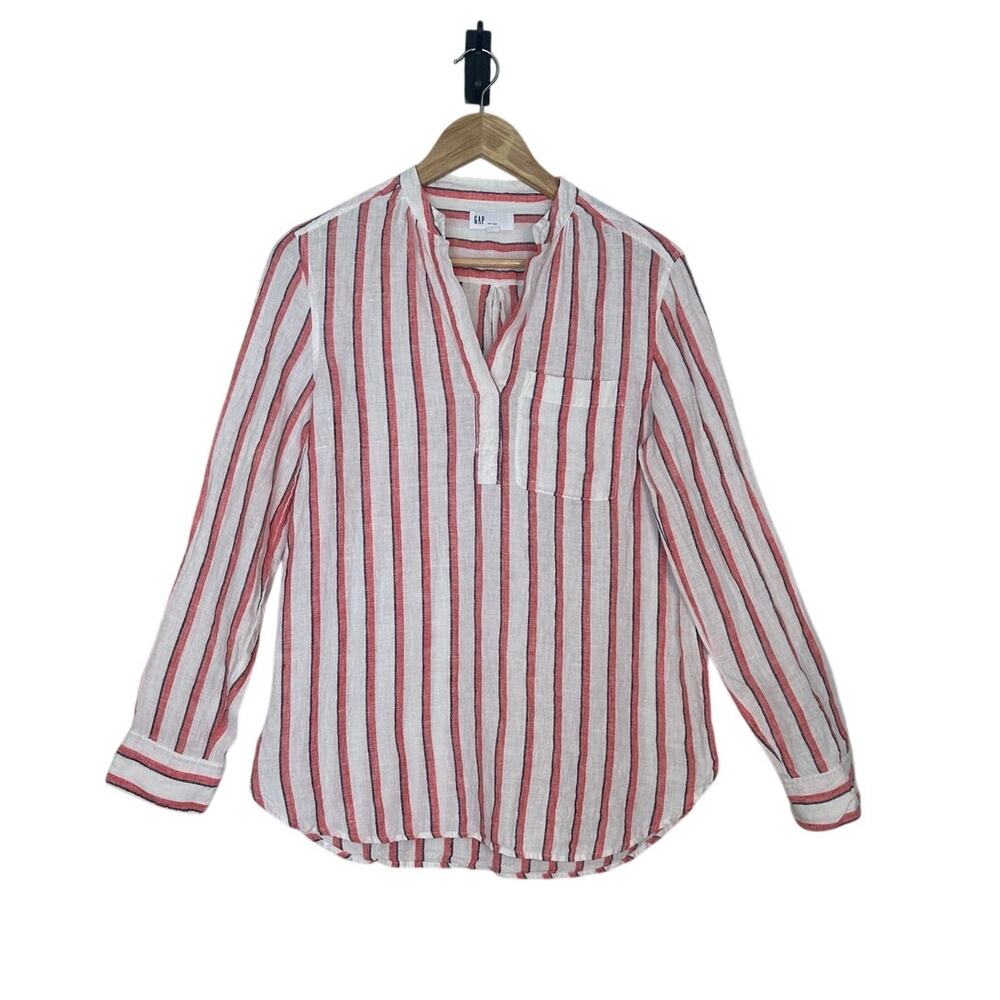 Gap‎ 100% Linen Red Striped Linen Popover Tunic, Beachy Coastal Nautical Small